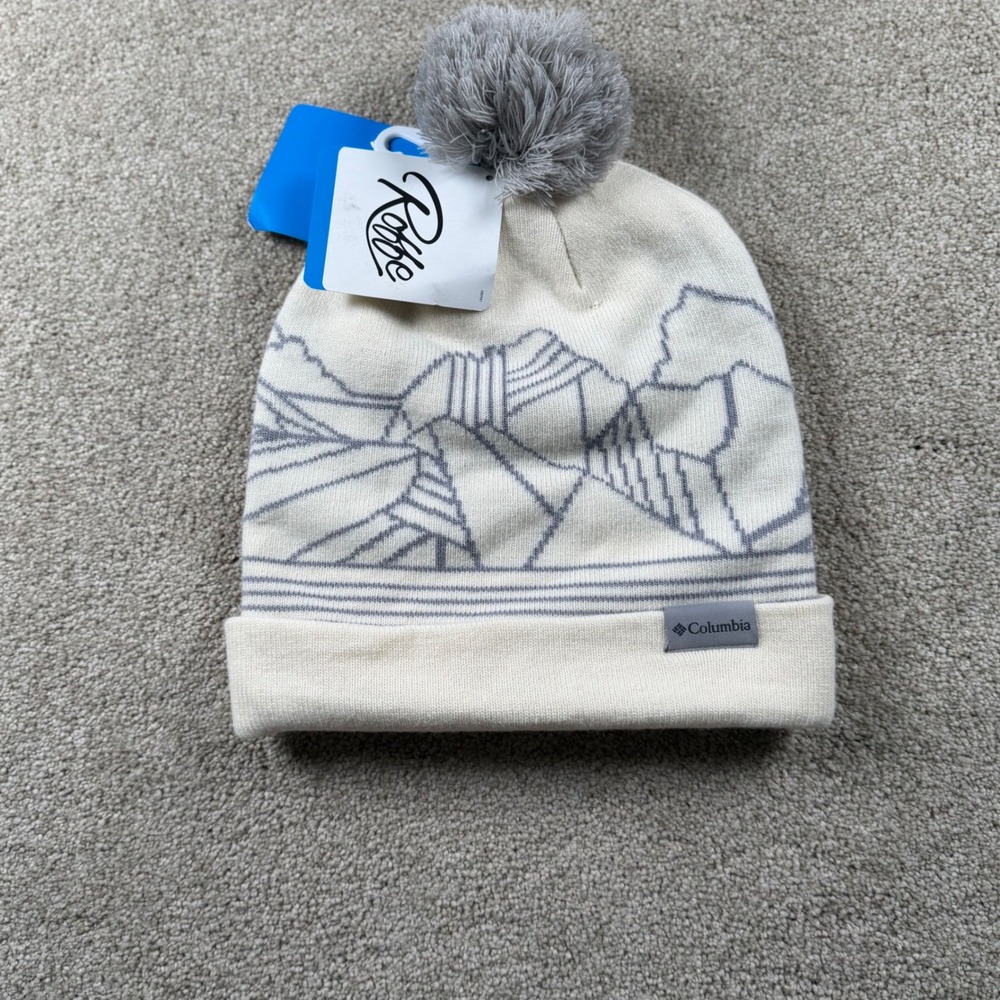 Columbia Mountain Graphic Pom Beanie Cream Grey Knit Winter Hat New